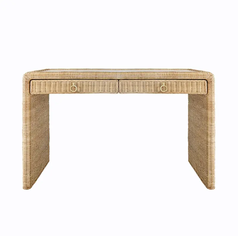Adrien Two-Drawer Desk With Rattan Frame, Glass Top, And Satin Brass Hardware 1
