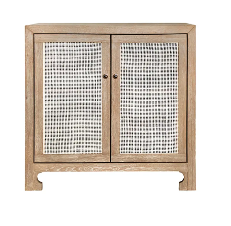 Alden Two-Door Cabinet – Cerused Oak Body With Woven Cane Panels And Brass Hardware 1