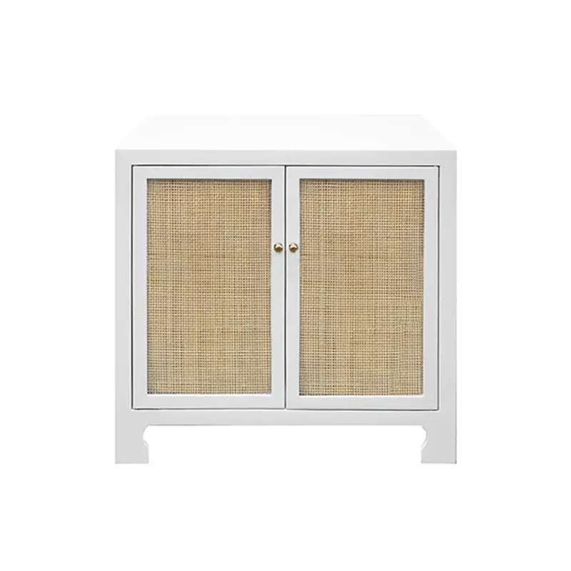 Alden Two-Door Cabinet: Matte White Lacquer, Woven Cane, And Brass Hardware 1