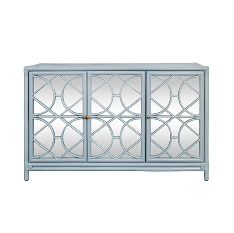 Aria Light Blue Rattan Buffet Cabinet With Mirror-Front Doors And Adjustable Shelving 1