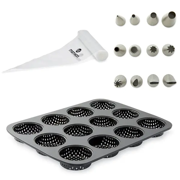 Bakery Mini-Mold Set – 12-Piece Perforated Non-Stick Tray + Disposable Piping Bags & Stainless Steel Tip Kit (Mathon) 1