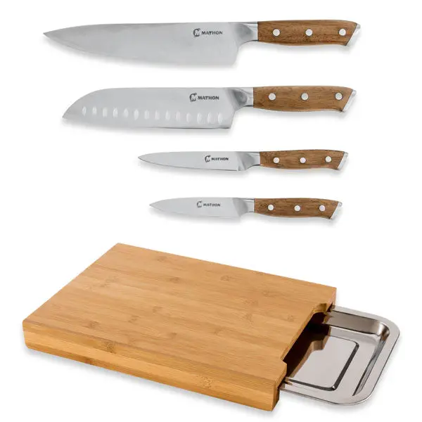Bamboo Cutting Board + 4 Acacia Wood Knives – Mathon Kitchen Set 1