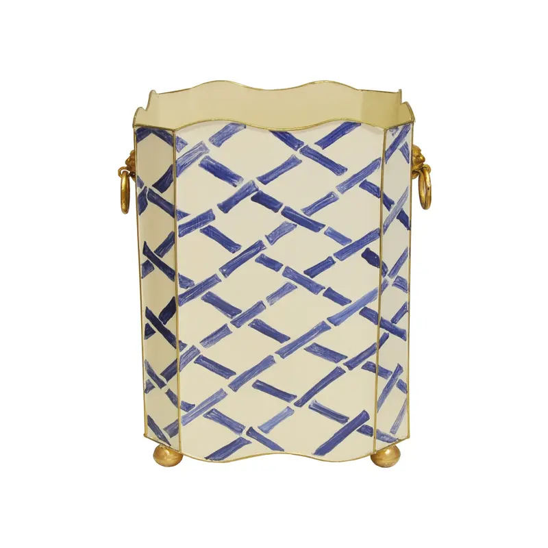 Bamboo-Motif Scallop-Edged Square Wastebasket – Brass Lion Handles, Two Colorways 1