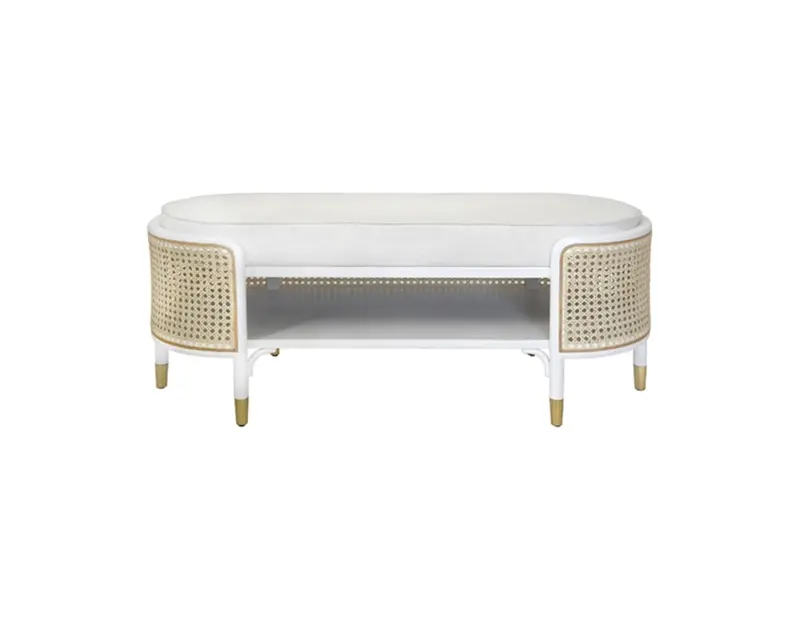 Beale Storage Bench In White Painted Wood With Caned Sides And White Linen Cushion 1
