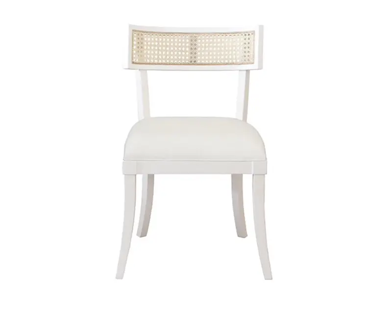 Britta Klismos Dining Chair In Matte White Lacquer With Linen Upholstery And Cane Back 1