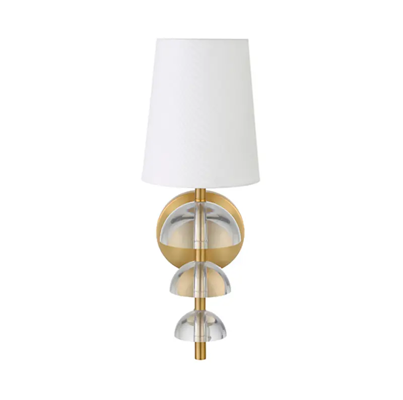 Demi Wall Sconce With Stacked Hemisphere Acrylic Design, Antique Brass Frame, And White Linen Shade 1