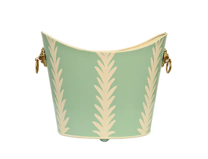 Frond Hand-Painted Oval Metal Wastebasket With Goldtone Lion Head Handles 1