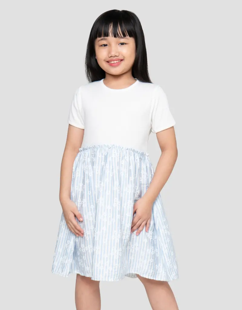 Girls' Little M Ribbed Woven Dress With Striped Floral Detail 1