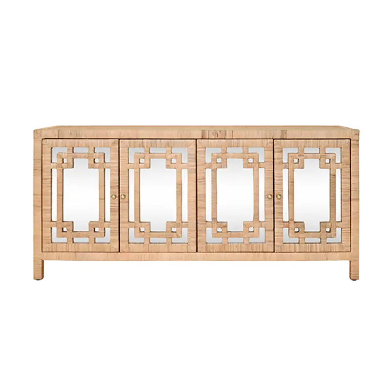 Granada Four-Door Rattan Buffet With Mirrored Front Panels And Brass Knobs 1