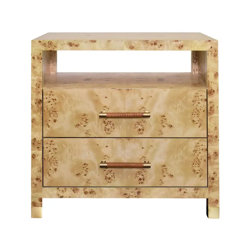 Hancock Two-Drawer Side Table — Burlwood Body & Rattan-Wrapped Drawer Pulls 1