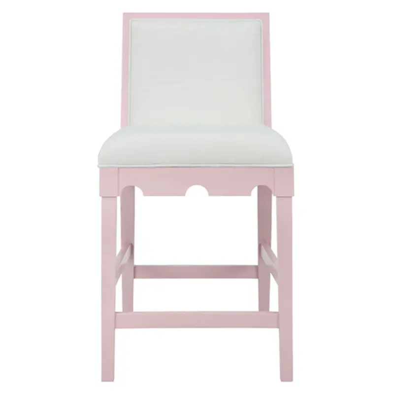 Lanister Counter Stool – Pink Matte Lacquer Base & White Linen Upholstery 1