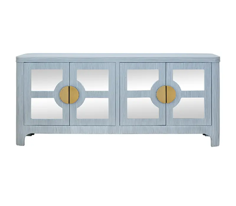 Light Blue Opal Rattan & Mirror Four-Door Buffet Cabinet 1