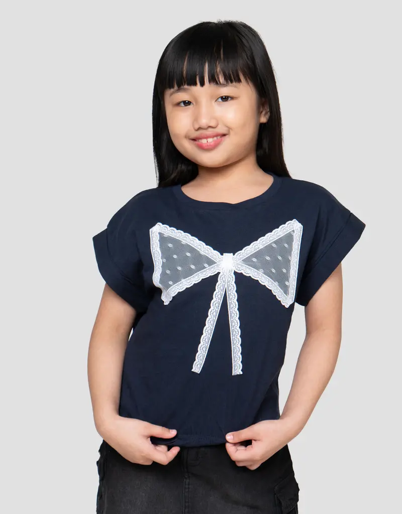 Little M Girls' Ribbed Lace Trim T-Shirt With Ribbon Accent 1