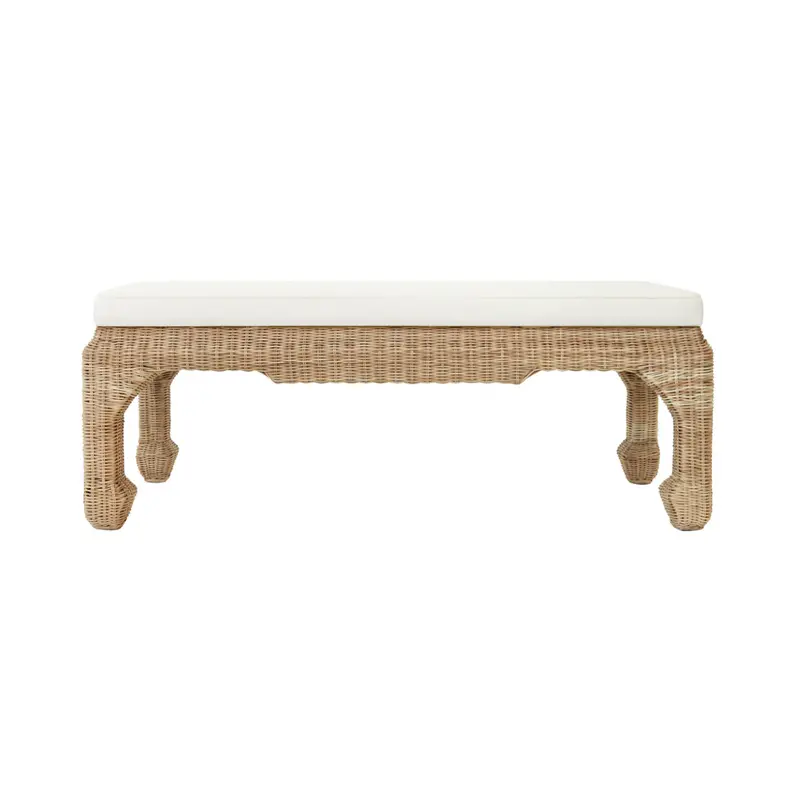 Massey Ming-Inspired Bench With Rattan Frame And Ivory Linen Seat 1