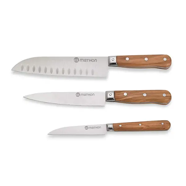 Mathon Olive Wood Triple Knife Set: Paring, Chef & Santoku With Stainless Blades 1