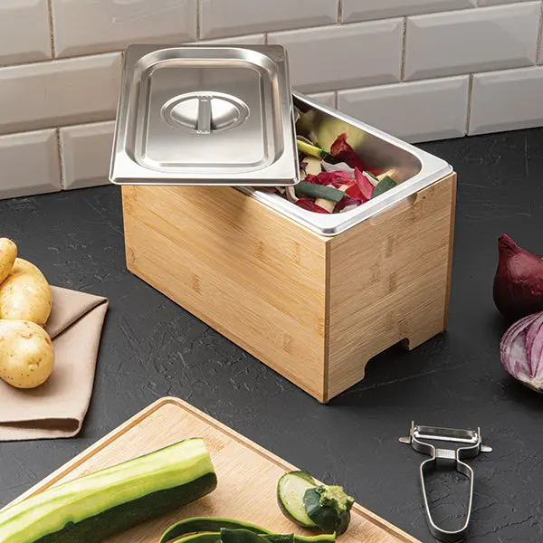 Mathon Stainless Steel Compost Bin With Bamboo Stand – Indoor Waste Solution 1