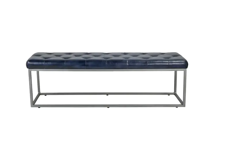 Matthew Izzo Bergen Tufted Blue Leather Bench With Metal Frame 1
