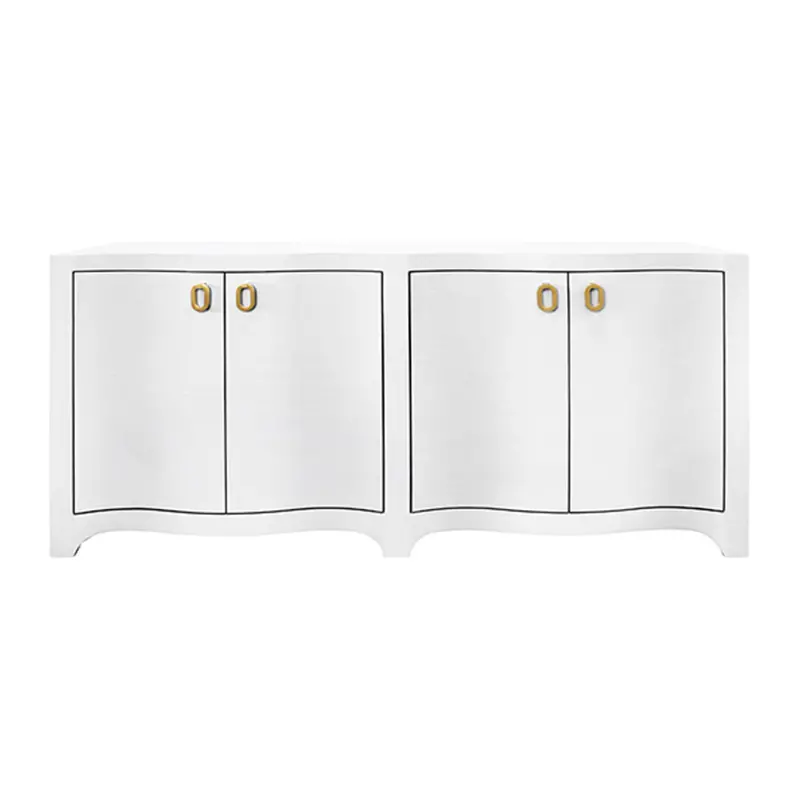 Miffy Textured White Linen Four-Door Curved Buffet With Satin Brass Hardware 1