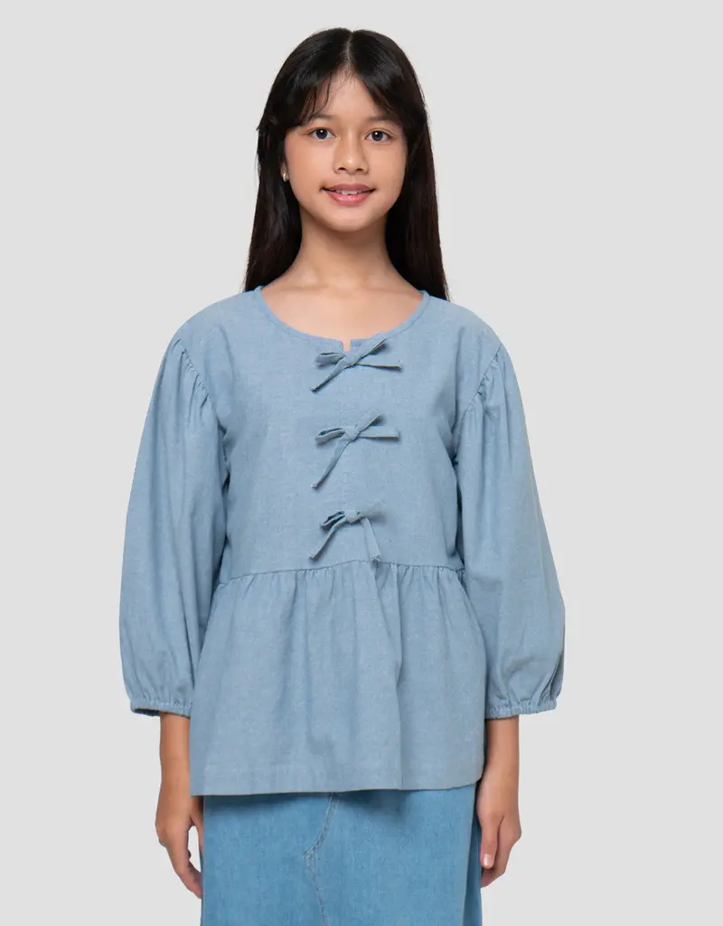 Nevada Girls' Chambray Blouse With Ribbon Trim – Playful Everyday Style 1