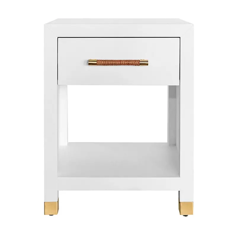 Pelham One-Drawer Side Table – Matte White Lacquered Finish With Rattan Handles 1