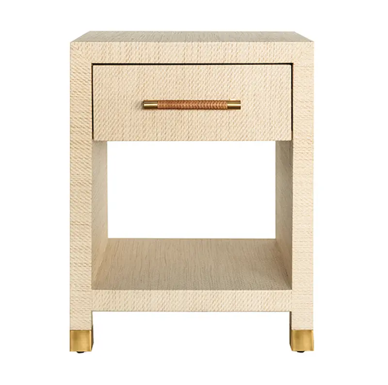 Pelham One-Drawer Side Table – Natural Grasscloth Body With Rattan-Wrapped Handles 1