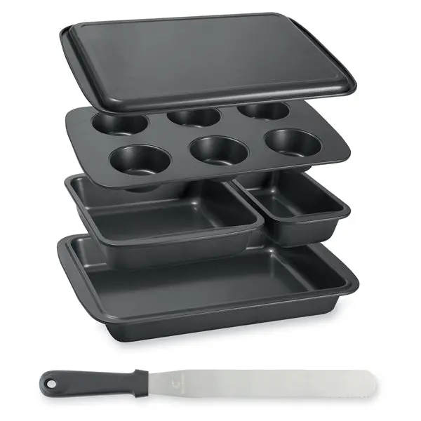 Stackable Cake Pan Bundle – 5-Count Non-Stick Set + Sponge Cake Knife & Icing Spatula (Mathon) 1