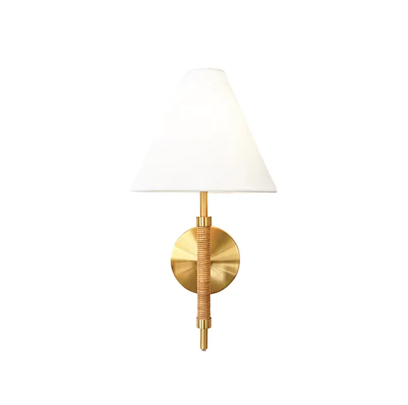 Sylvia Rechargeable Wall Sconce — White Linen Shade With Rattan & Brass Accents 1
