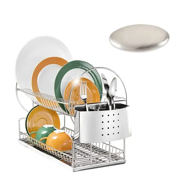 Two-Tier Dish Rack With Stainless Steel Soap Dispenser 1