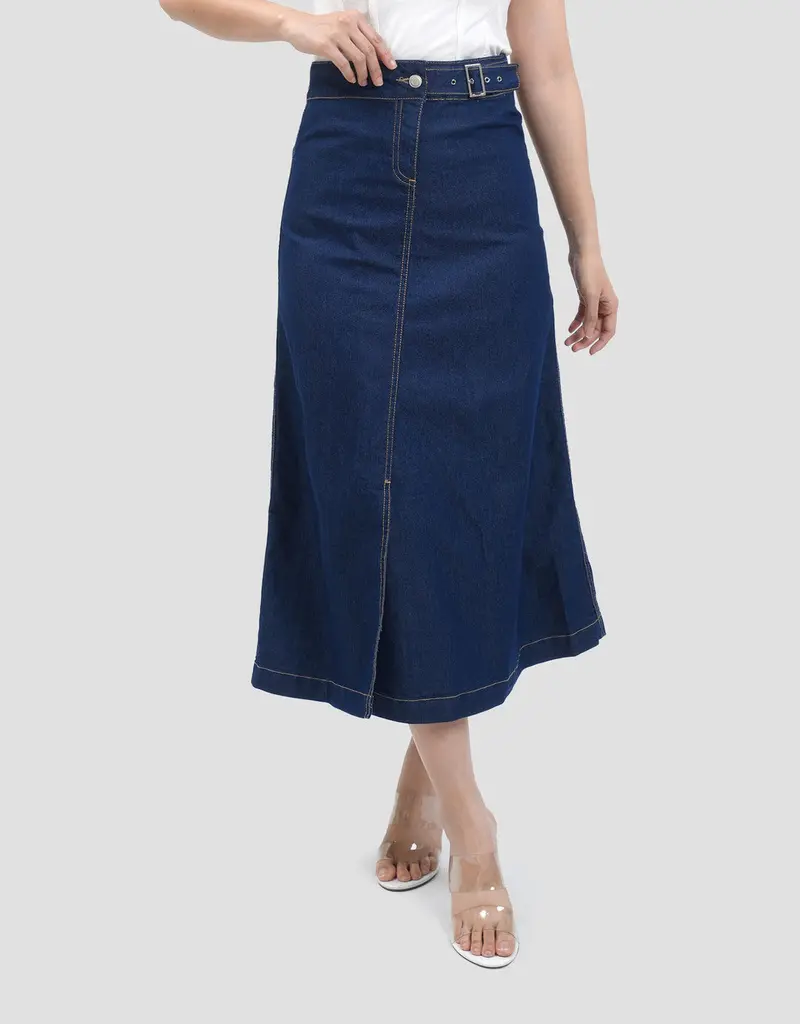 Women'S Denim A-Line Maxi Skirt With Buckle Detail – Connexion Statement Piece 1